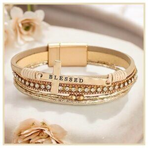 NWT Gold Leather Inspirational Blessed Christian Cross Boho Wrap Cuff Bracelet